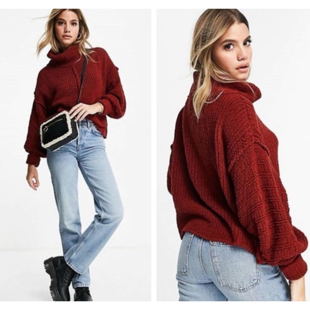 Free People Be Yours Cowl Neck Oversized Chenille Boxy Sweater Cranberry Boho XS